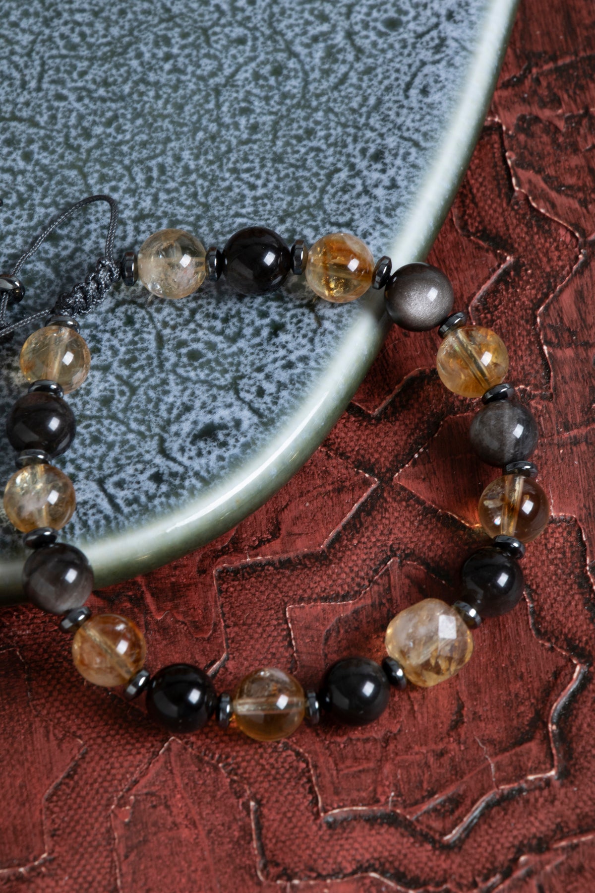 Sertifikalı Sitrin &amp; Obsidyen Doğal Taş Makrome Bileklik