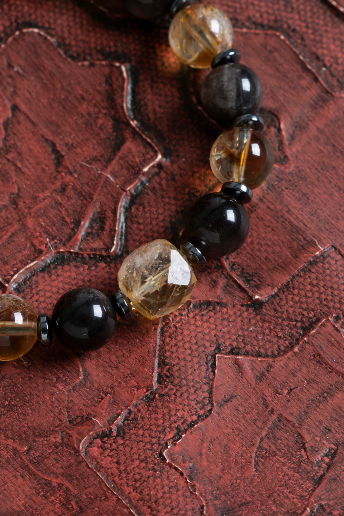 Sertifikalı Sitrin &amp; Obsidyen Doğal Taş Makrome Bileklik