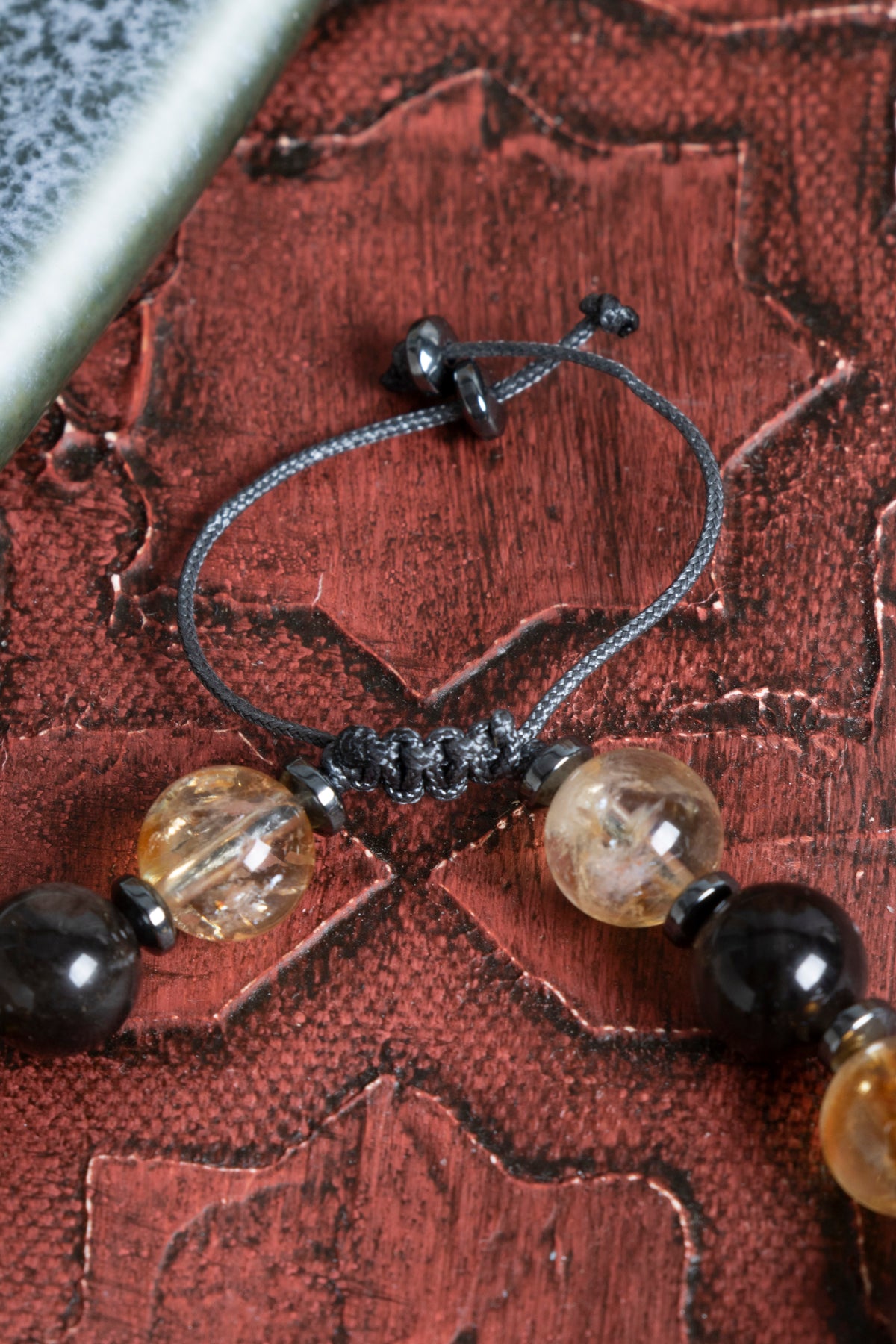 Sertifikalı Sitrin &amp; Obsidyen Doğal Taş Makrome Bileklik