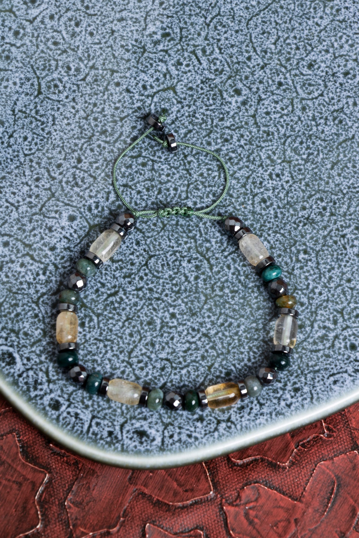 Sertifikalı Sitrin &amp; Yosunlu Akik &amp; Hematit Doğal Taş Makrome Bileklik