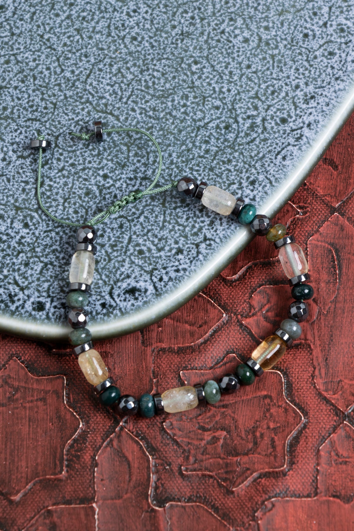 Sertifikalı Sitrin &amp; Yosunlu Akik &amp; Hematit Doğal Taş Makrome Bileklik