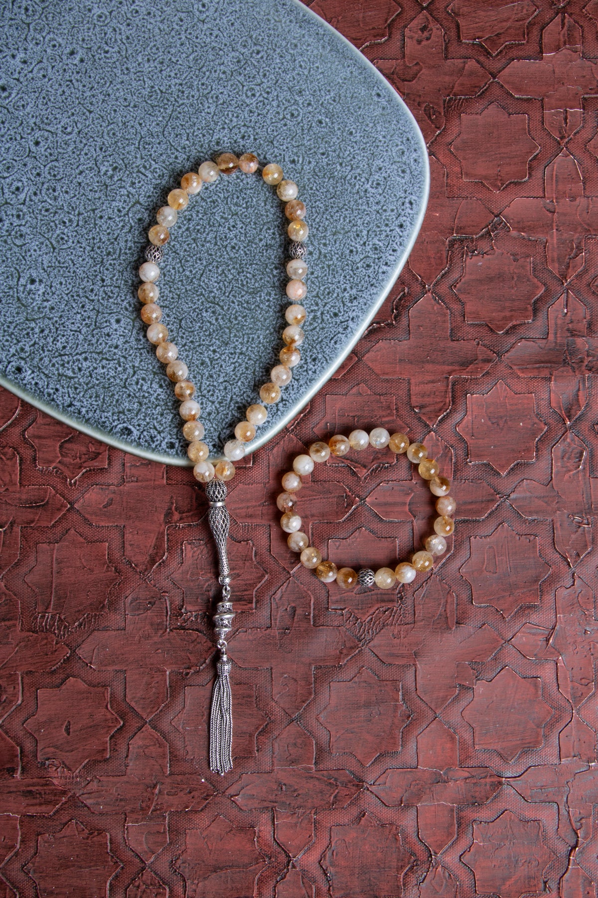 Sertifikalı Sitrin 925 Ayar Gümüş 8 mm İmameli Tesbih &amp; Bileklik Setii