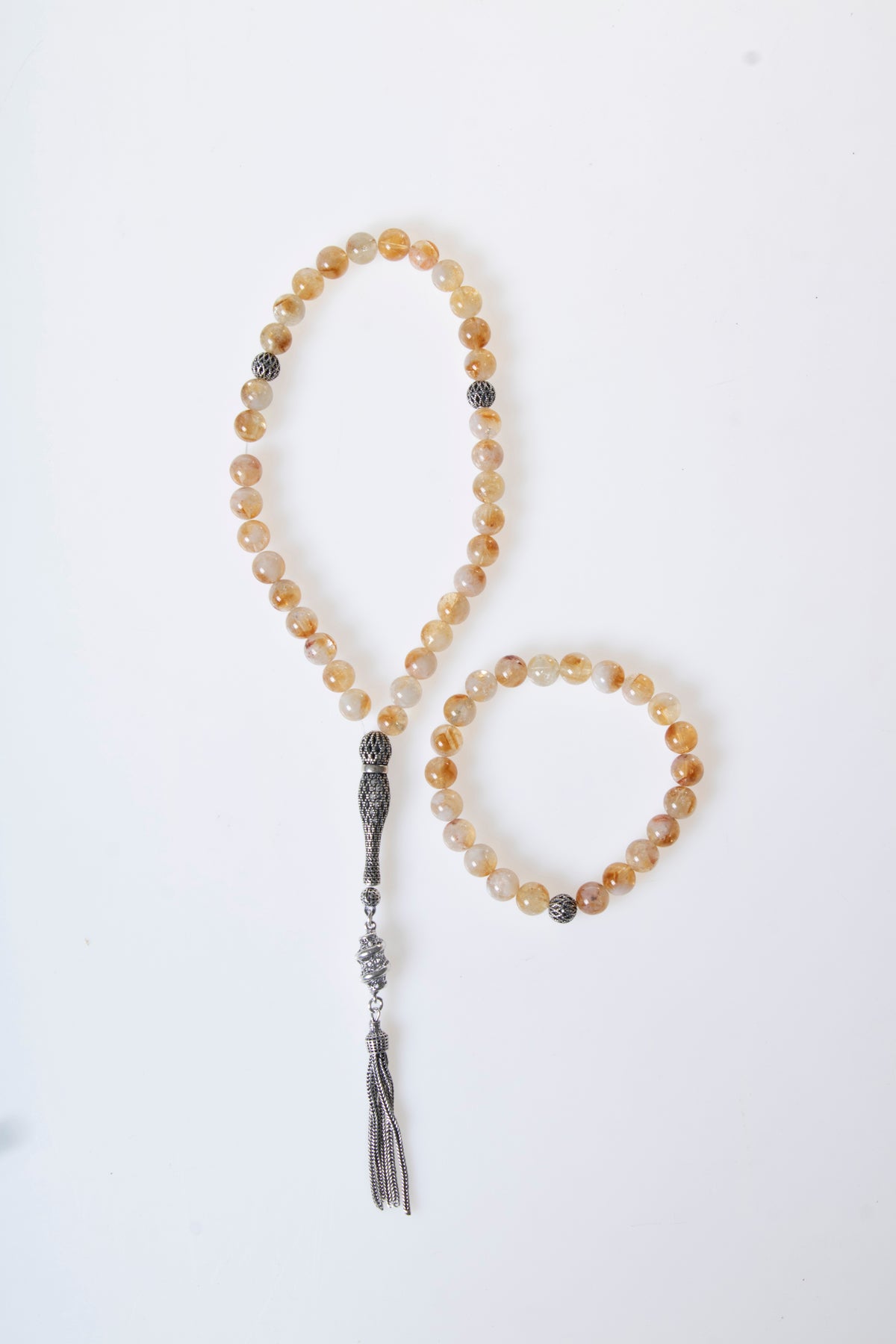 Sertifikalı Sitrin 925 Ayar Gümüş 8 mm İmameli Tesbih &amp; Bileklik Setii