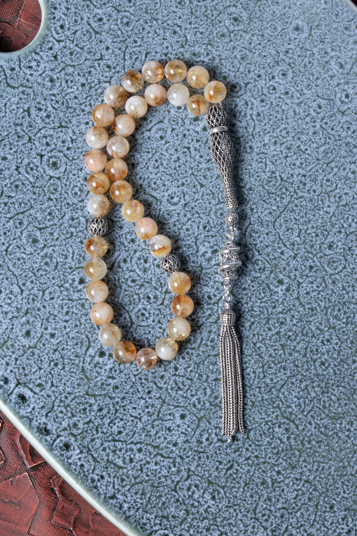 Sertifikalı Sitrin 925 Ayar Gümüş İmameli Püskül Tesbih