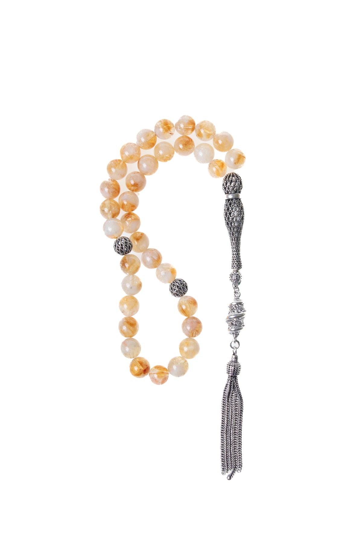 Sertifikalı Sitrin 925 Ayar Gümüş İmameli Püskül Tesbih