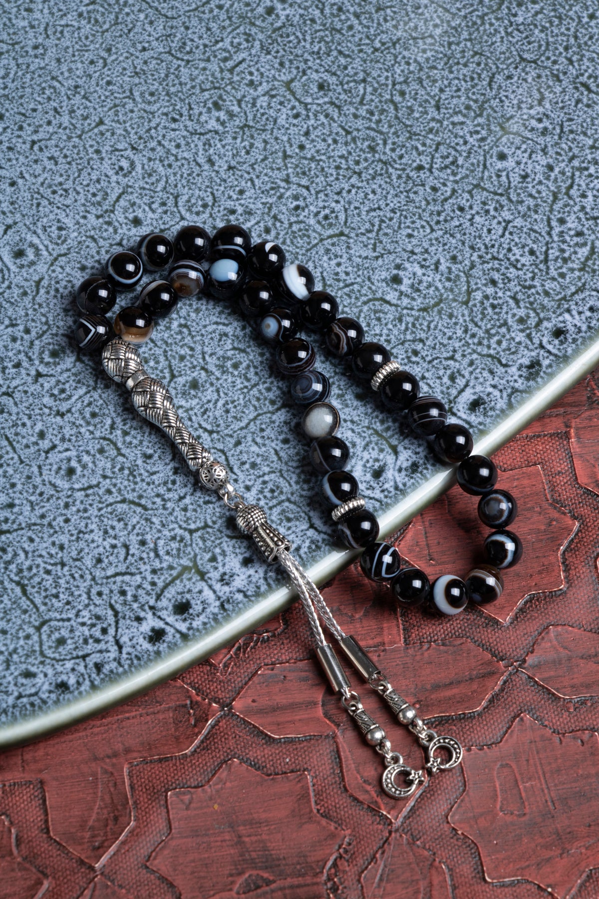 Sertifikalı Siyah Göz Akik Metal İmameli Püskül Tesbih