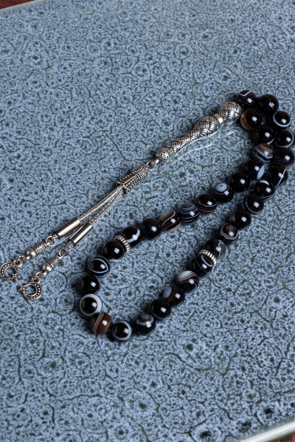 Sertifikalı Siyah Göz Akik Metal İmameli Püskül Tesbih