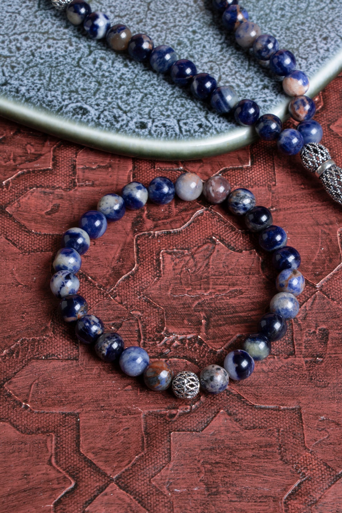 Sertifikalı Sodalit 925 Ayar Gümüş 8 mm İmameli Tesbih&amp; Bileklik Seti