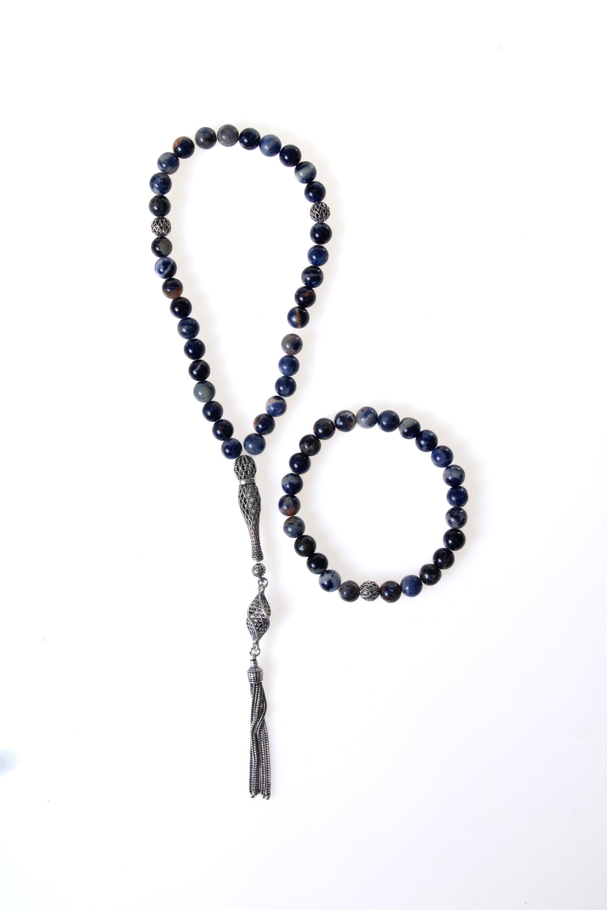 Sertifikalı Sodalit 925 Ayar Gümüş 8 mm İmameli Tesbih&amp; Bileklik Seti