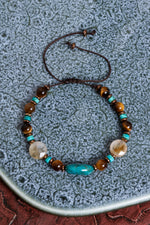 Sertifikalı Turkuaz &amp; Sitrin &amp; Kaplan Gözü Doğal Taş Makrome Bileklik