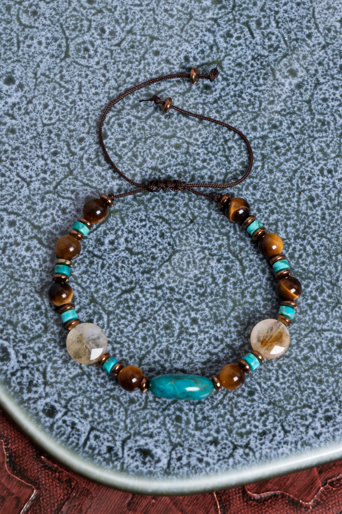 Sertifikalı Turkuaz &amp; Sitrin &amp; Kaplan Gözü Doğal Taş Makrome Bileklik