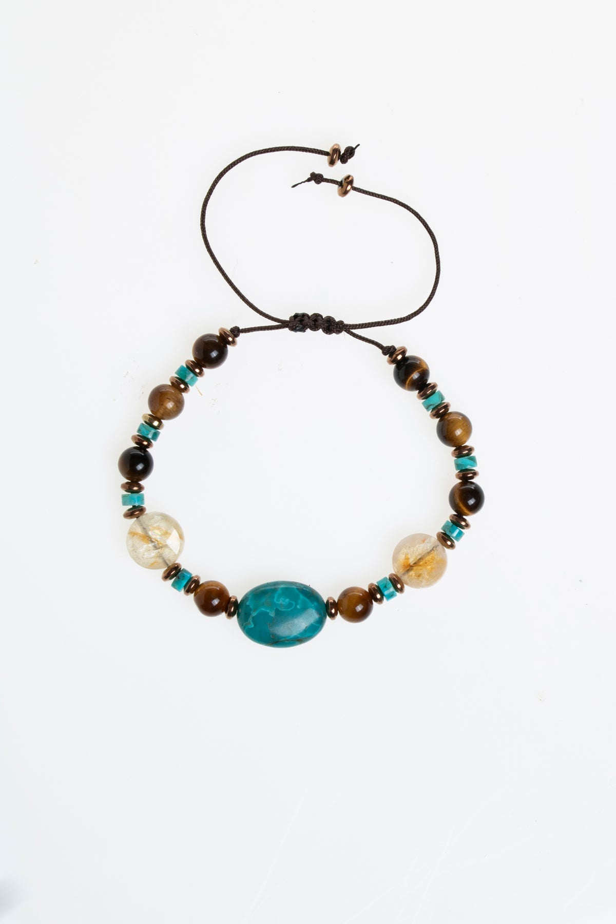 Sertifikalı Turkuaz &amp; Sitrin &amp; Kaplan Gözü Doğal Taş Makrome Bileklik