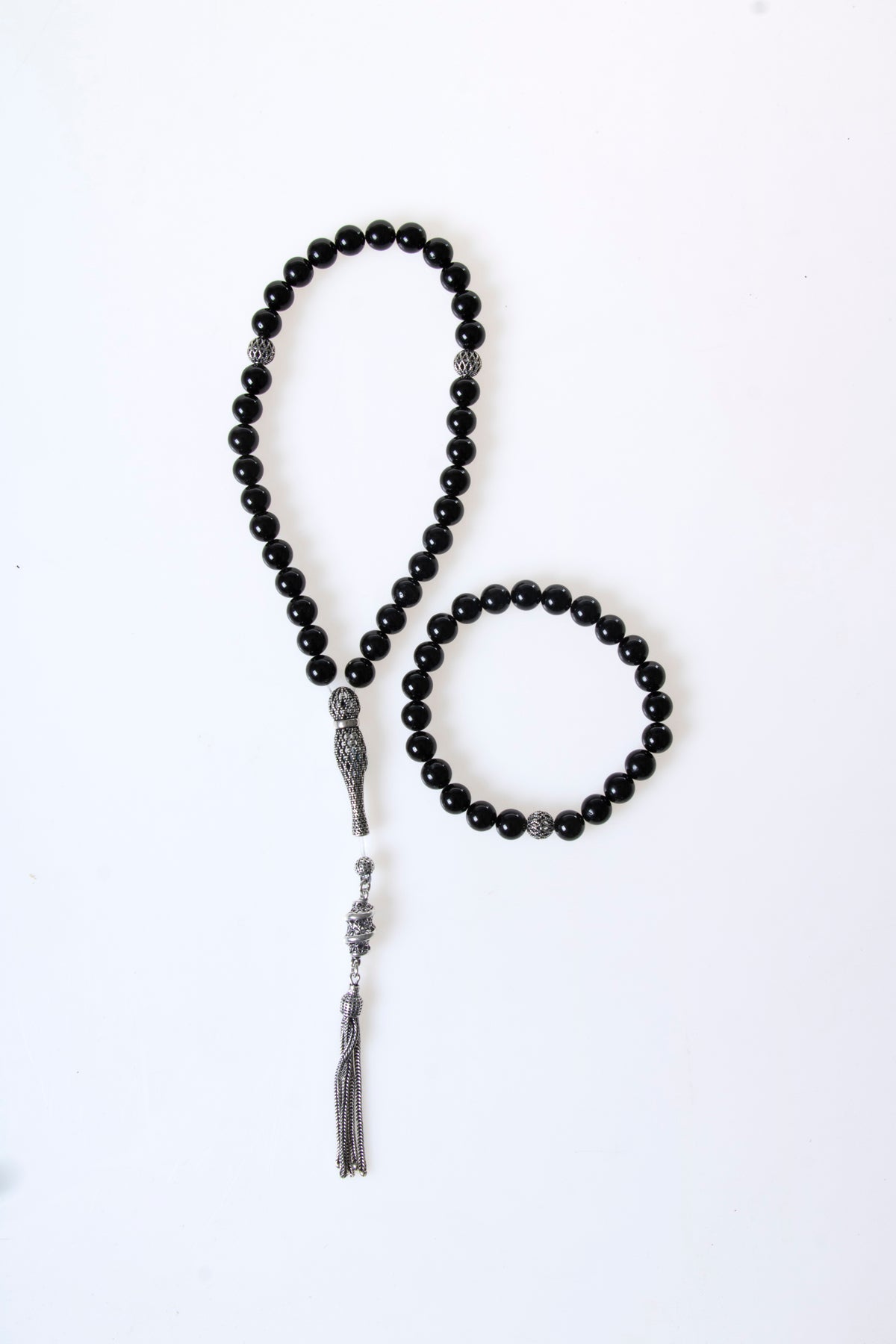 Sertifikalı Turmalin 925 Ayar Gümüş 8 mm İmameli Tesbih &amp; Bileklik Seti