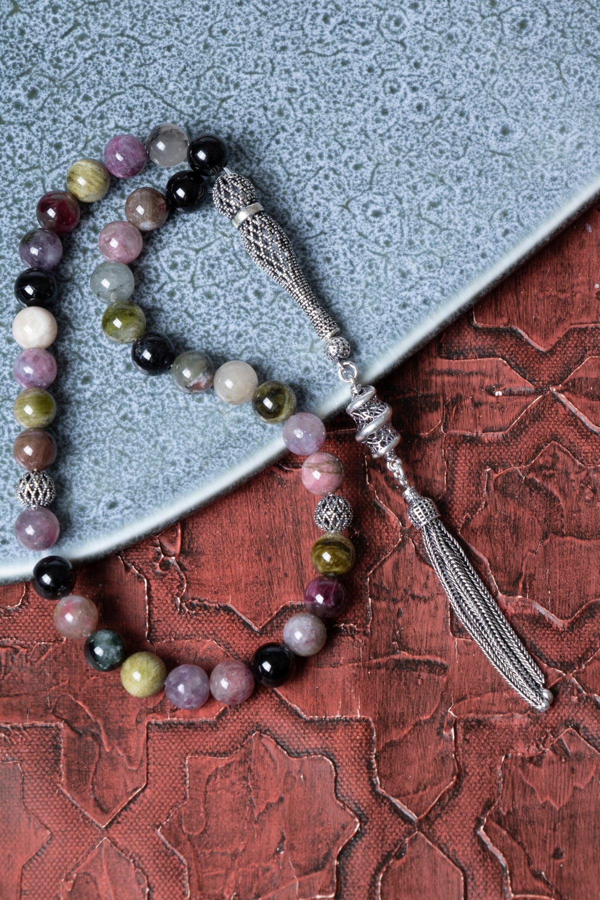 Sertifikalı 8 mm Turmalin 925 Ayar Gümüş İmameli Püsküllü Tesbih