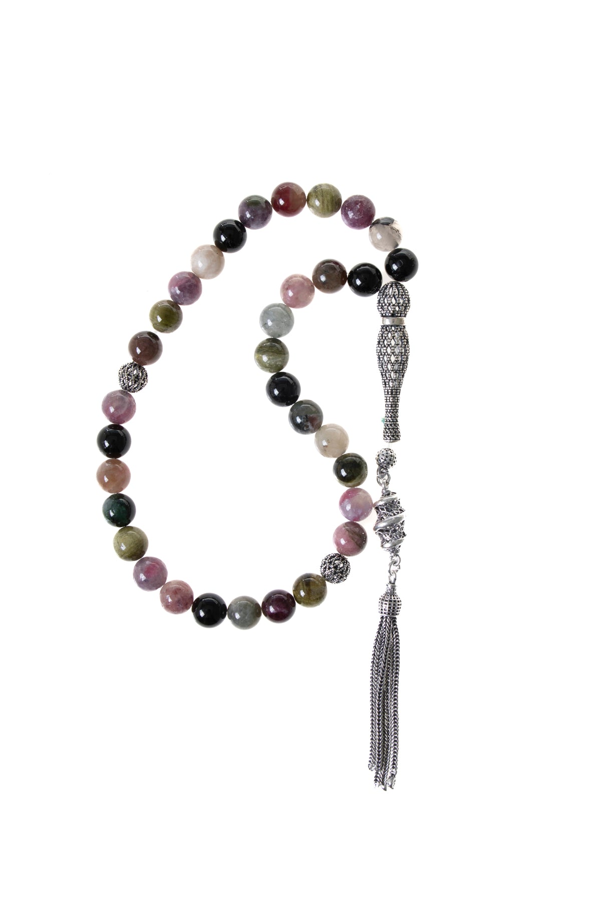 Sertifikalı 8 mm Turmalin 925 Ayar Gümüş İmameli Püsküllü Tesbih