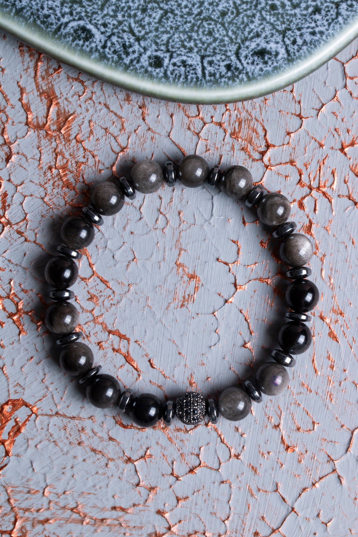 Silver Obsidyen &amp; Hematit Zirkon Aparat Bileklik