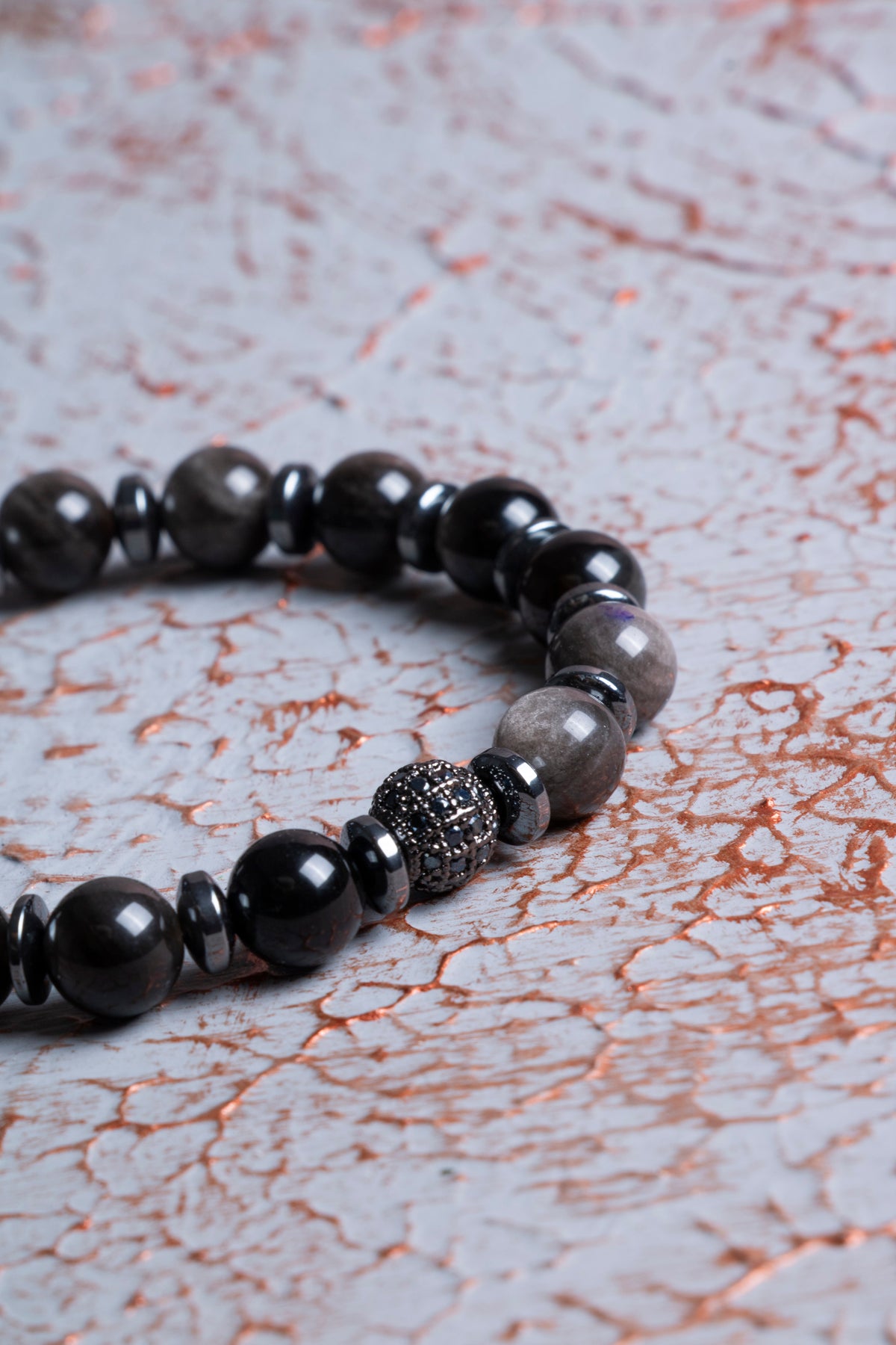 Silver Obsidyen &amp; Hematit Zirkon Aparat Bileklik