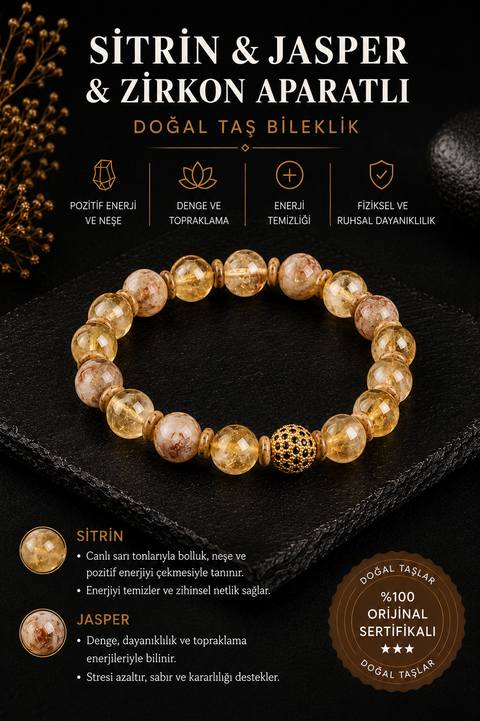 AA Kalite Sitrin & Jasper & Zirkon Aparatlı Bileklik 10mm