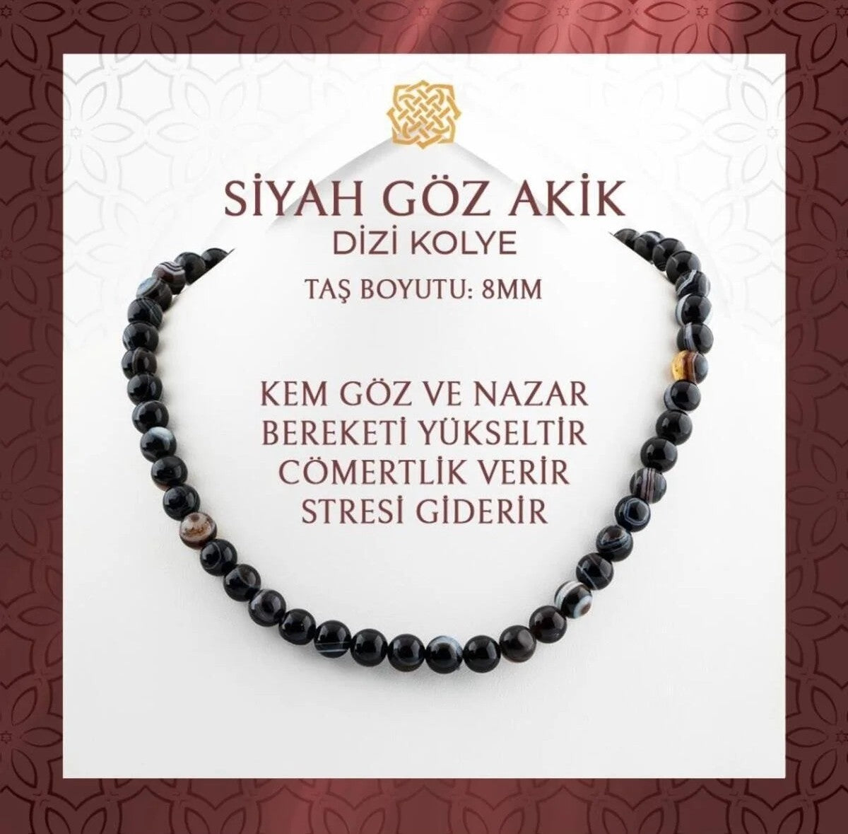 Siyah Göz Akik 8 mm Dizi Doğal Taş Kolye