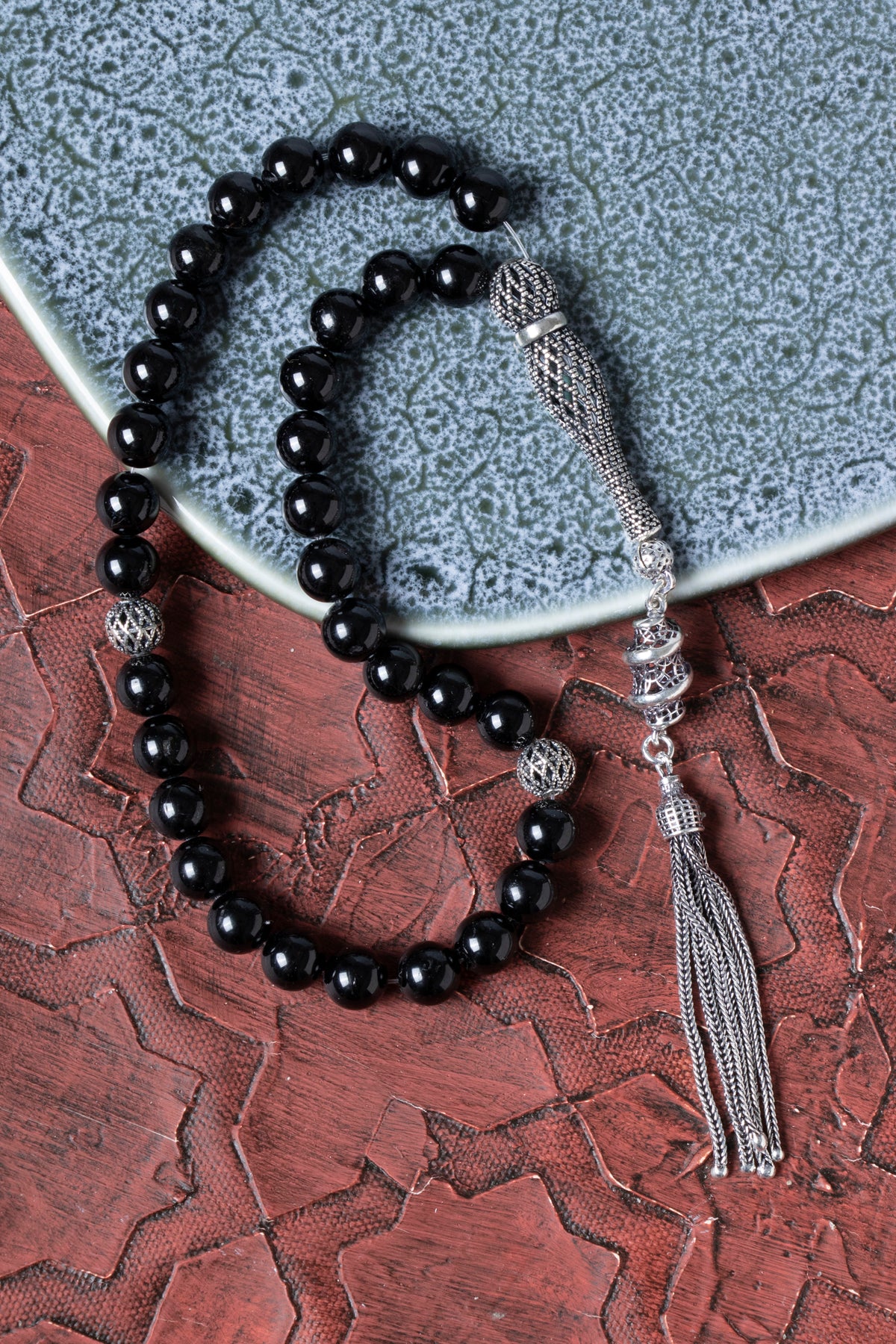 Sertifikalı 8 mm Siyah Turmalin 925 Ayar Gümüş İmameli Püskül Tesbih