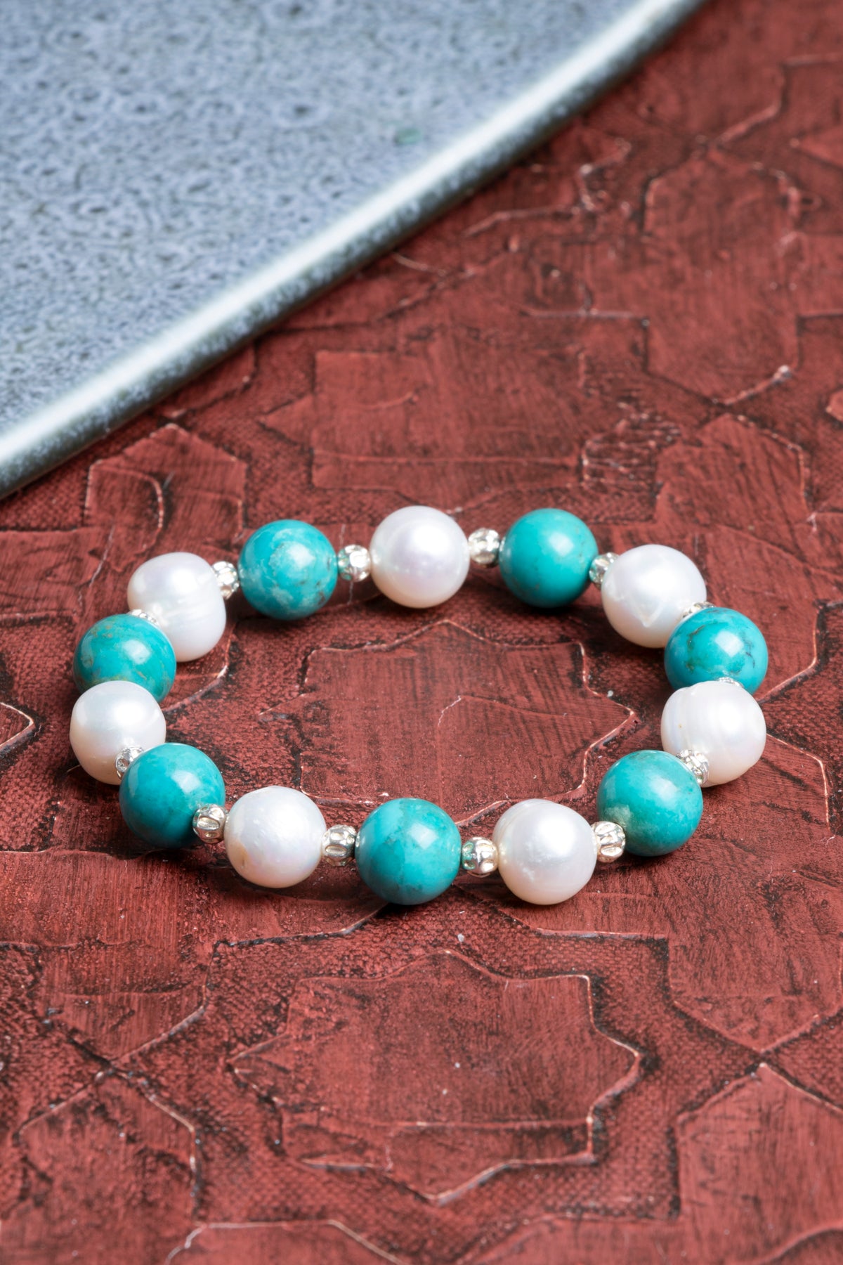 Turkuaz &amp; İnci Gümüş Aparatlı Bileklik 10mm