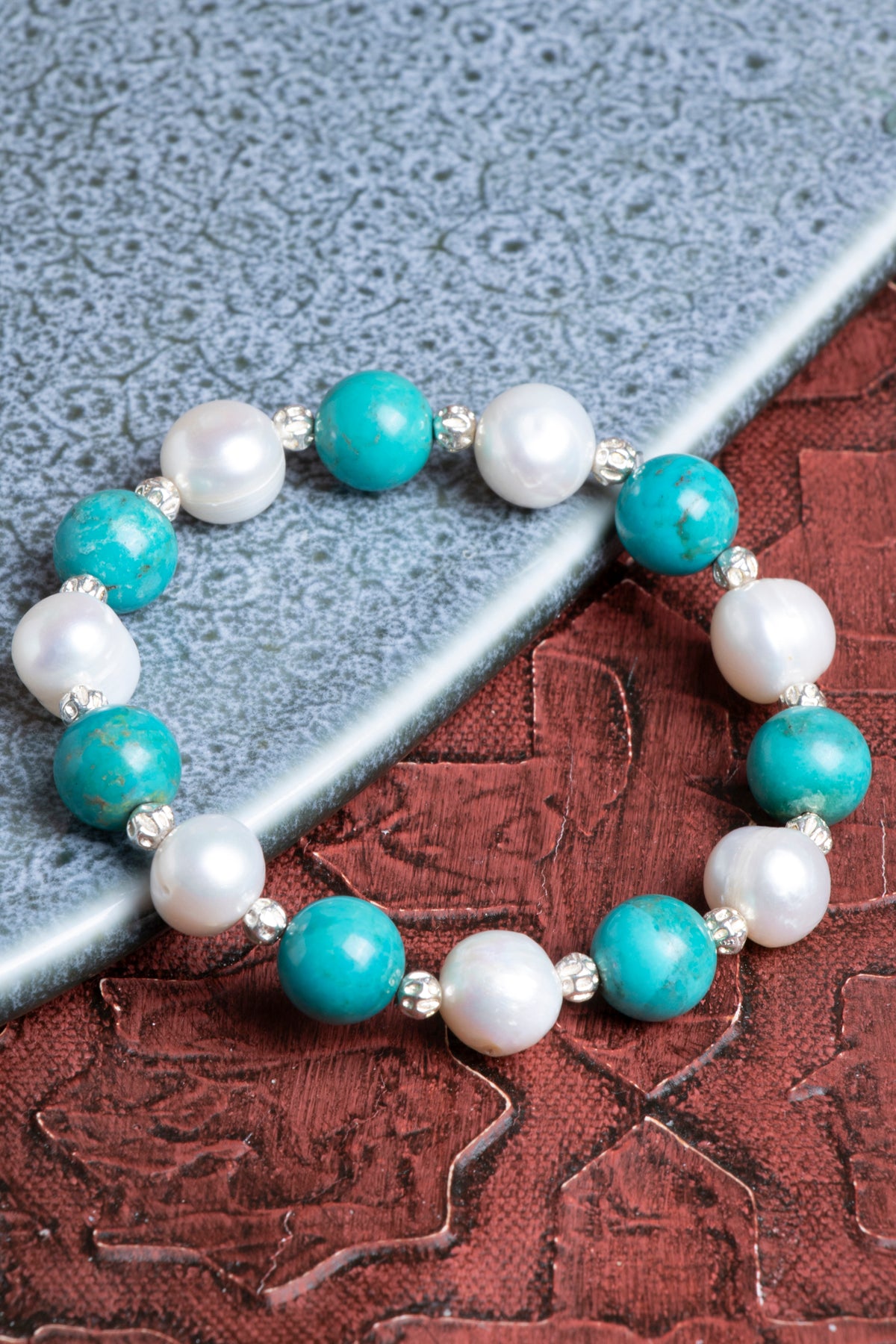 Turkuaz &amp; İnci Gümüş Aparatlı Bileklik 10mm