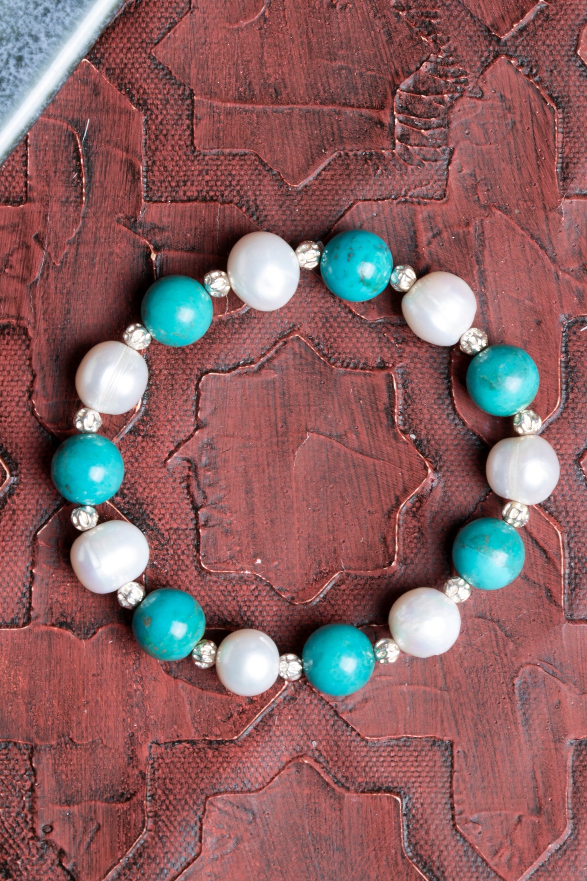 Turkuaz &amp; İnci Gümüş Aparatlı Bileklik 10mm