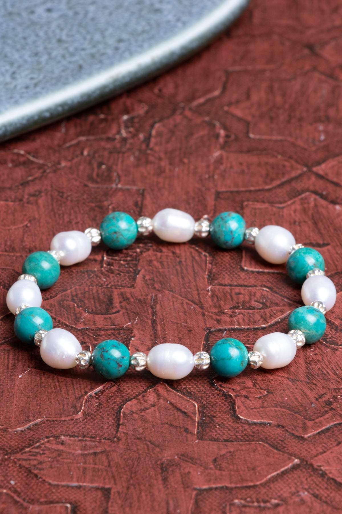 Turkuaz (Firuze) &amp; İnci Gümüş Aparatlı Bileklik