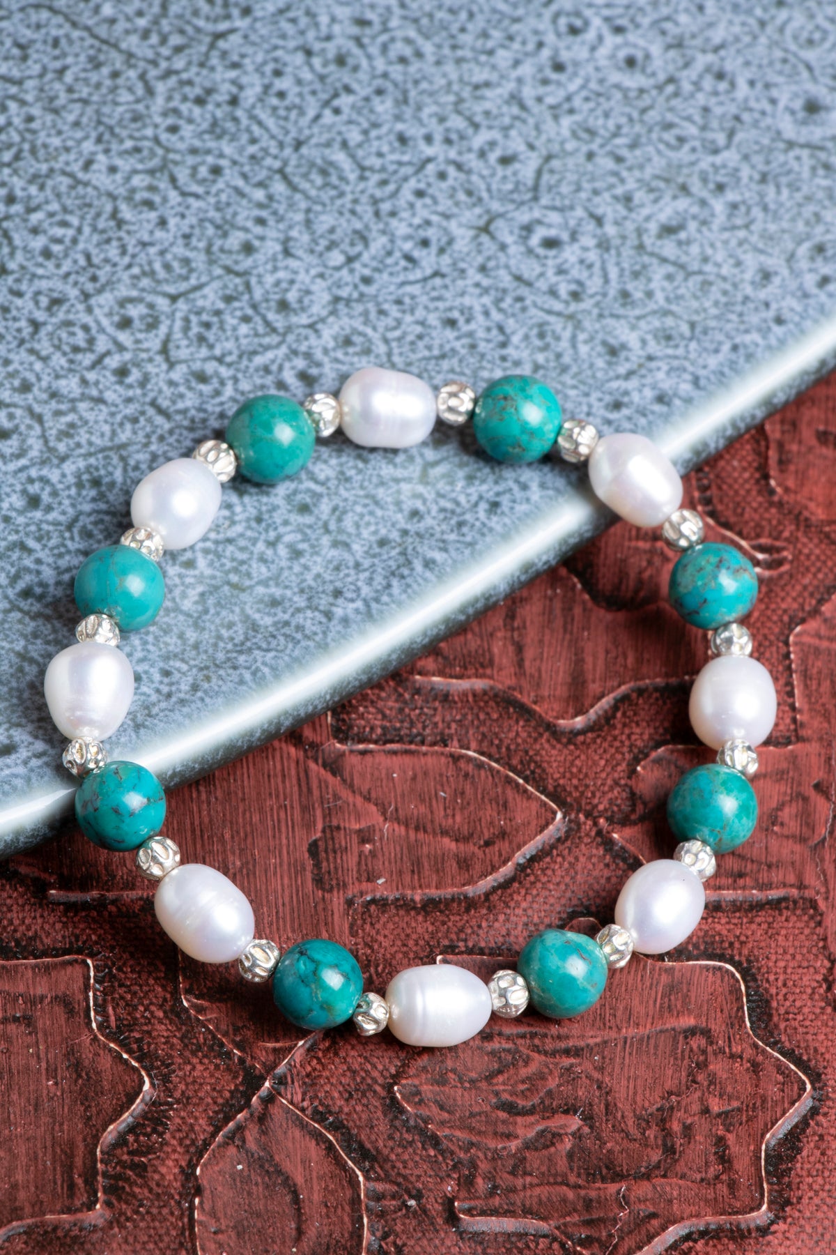 Turkuaz (Firuze) &amp; İnci Gümüş Aparatlı Bileklik