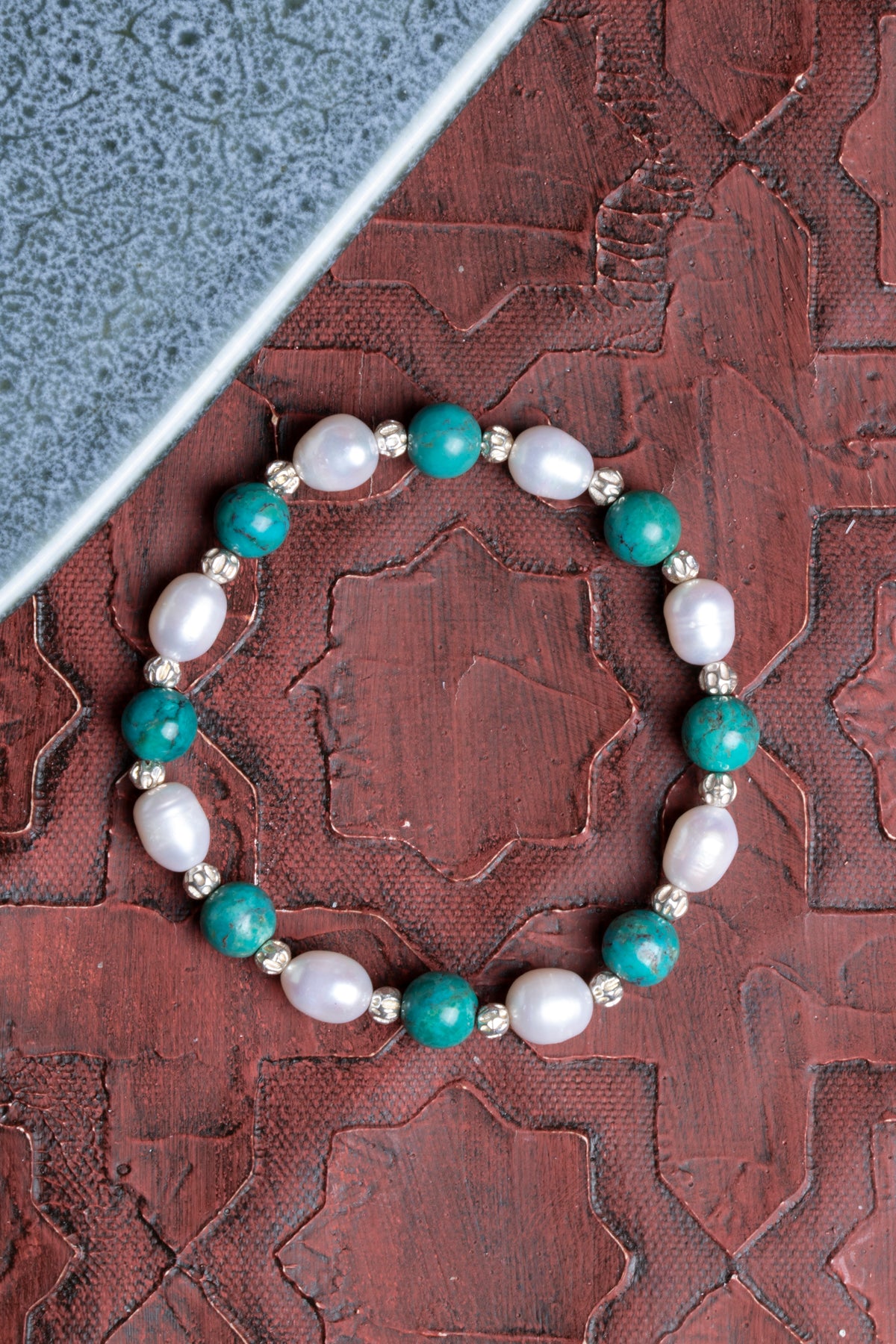 Turkuaz (Firuze) &amp; İnci Gümüş Aparatlı Bileklik