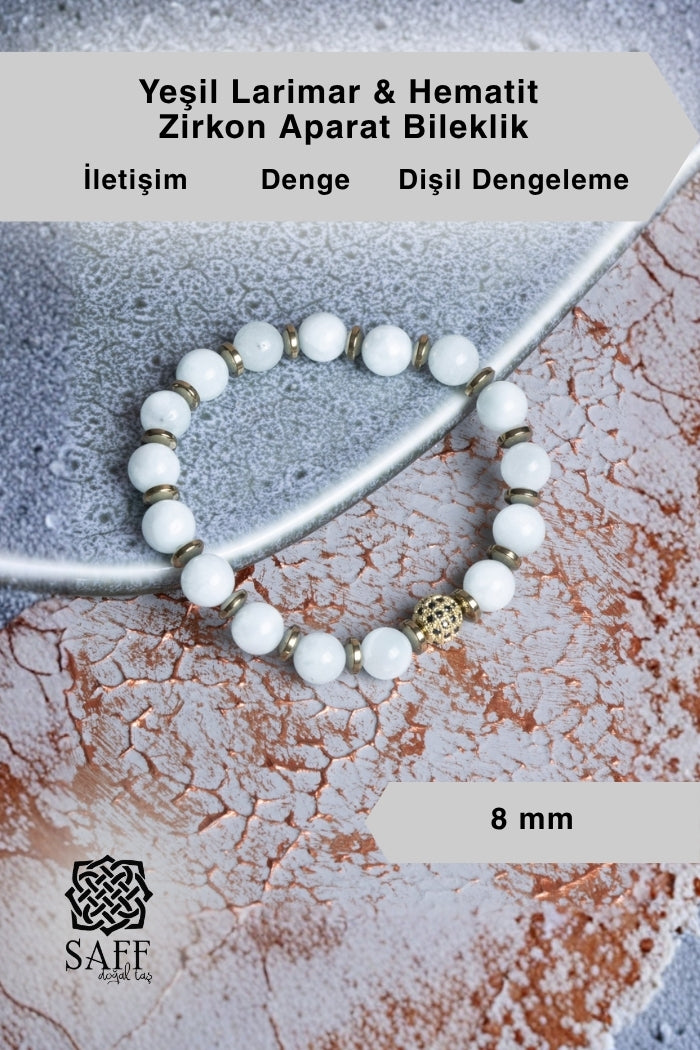 Yeşil Larimar &amp; Hematit &amp; Zirkon Aparat Bileklik 8mm
