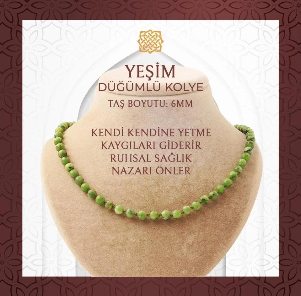 Yeşim 6 mm Düğümlü Doğal Taş Kolye