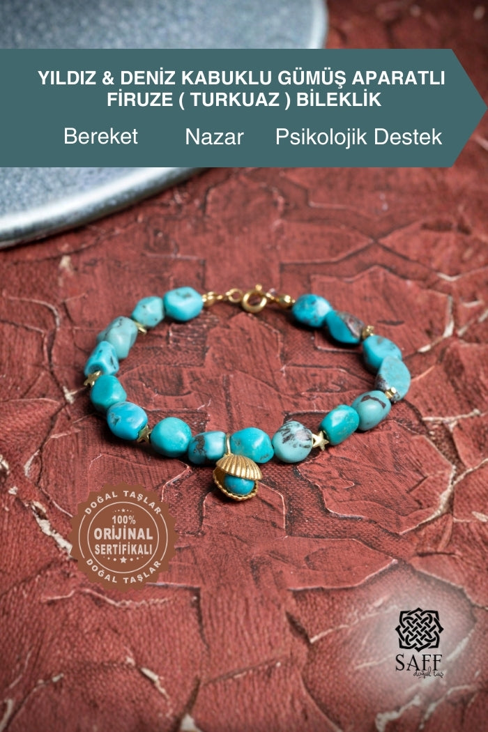 Yıldız &amp; Deniz Kabuklu Gümüş Aparatlı Firuze (Turkuaz) Bileklik