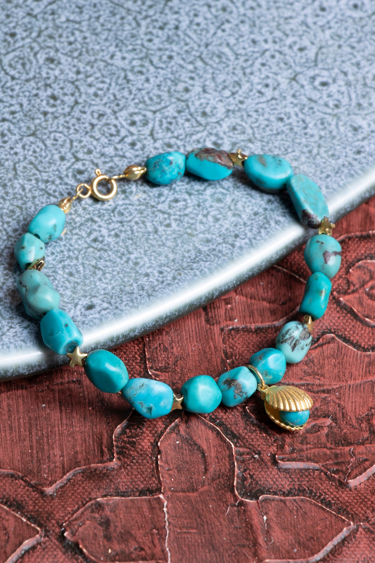 Yıldız &amp; Deniz Kabuklu Gümüş Aparatlı Firuze (Turkuaz) Bileklik