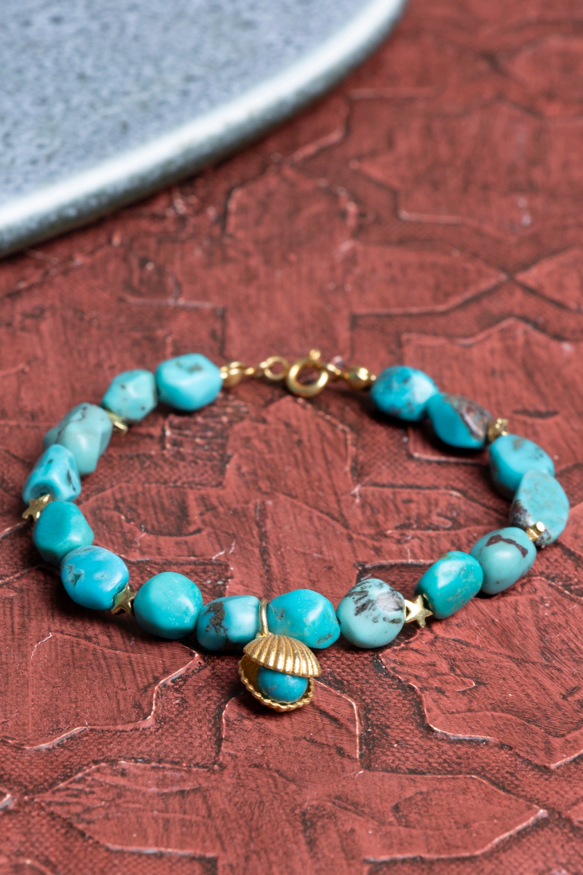 Yıldız &amp; Deniz Kabuklu Gümüş Aparatlı Firuze (Turkuaz) Bileklik