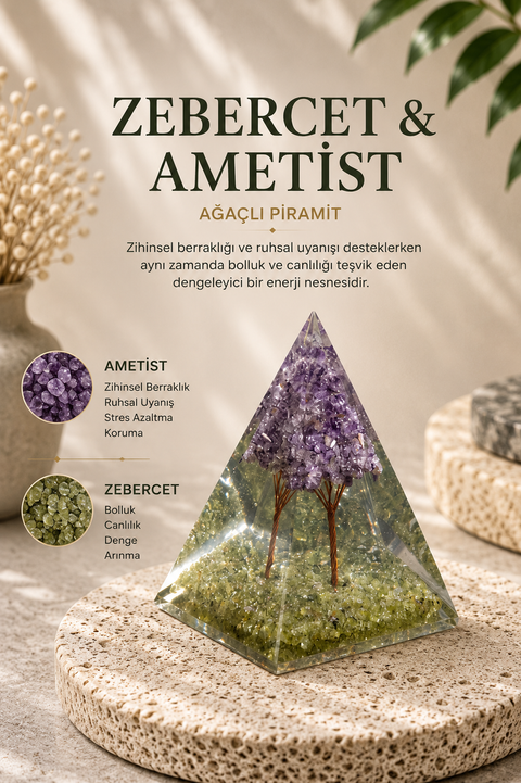 Zebercet & Ametist Ağaçlı Piramit | SAFF Doğal Taş