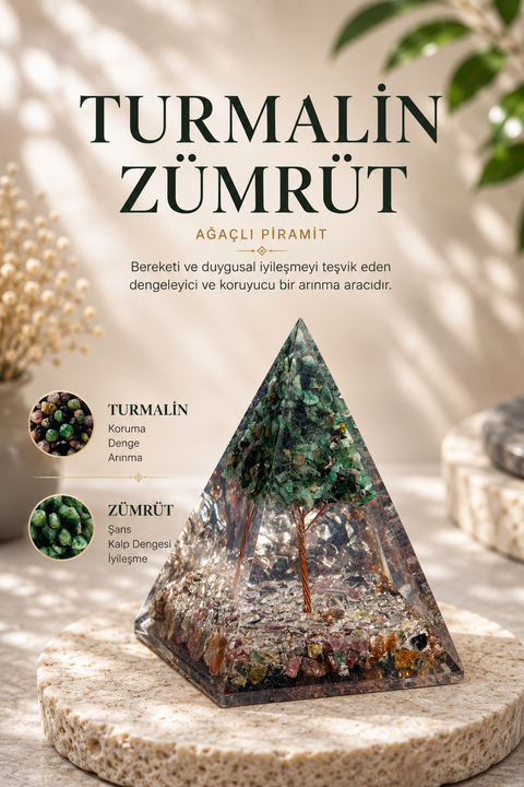 Turmalin & Zümrüt Ağaçlı Piramit | SAFF Doğal Taş