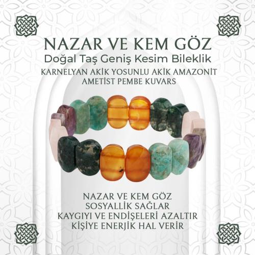 Nazar Kem Göz Doğal Taş Bileklik - Akik, Amazonit, Ametist, Pembe Kuvars