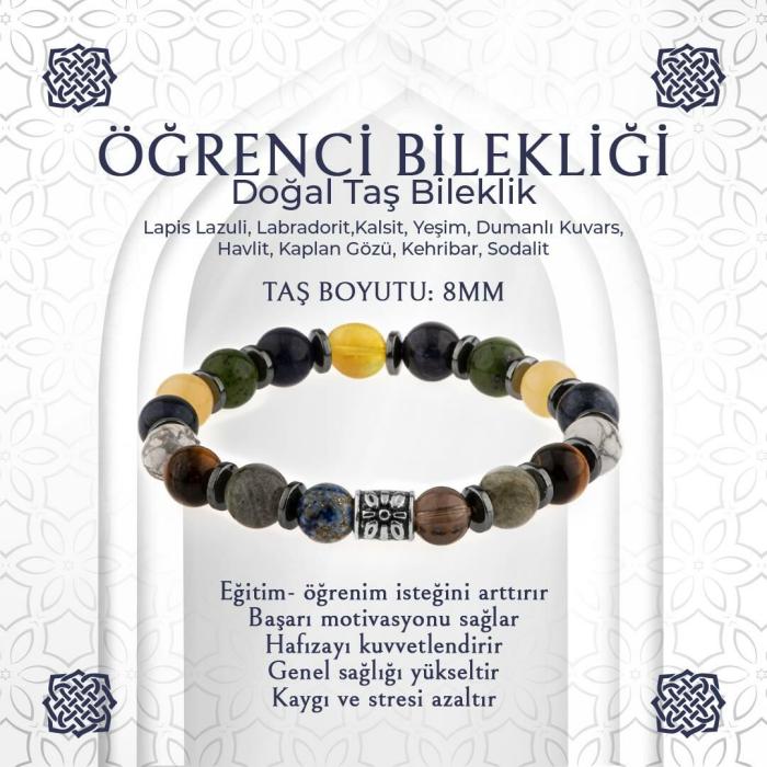 Erkek Öğrenci Doğal Taş Bileklik - Lapis Lazuli, Labradorit, Kalsit, Yeşim, Dumanlı Kuvars, Havlit, Kaplan Gözü, Kehribar, Sodalit