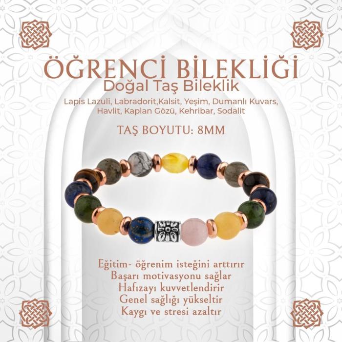 Kız Öğrenci Doğal Taş Bileklik - Pembe Kuvars, Lapis Lazuli, Labradorit, Kalsit, Yeşim, Dumanlı Kuvars, Havlit, Kaplan Gözü, Kehribar, Sodalit